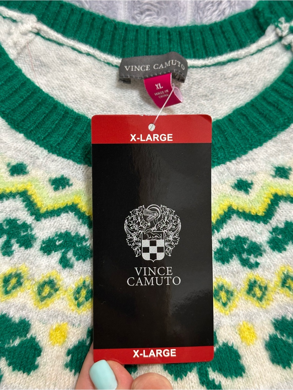 Vince Camuto Gray Crewneck Sweater with Green and Yellow Fair Isle Yoke - Picture 2 of 3